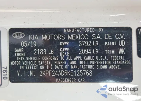 2019 Kia Forte Fe from USA, damaged, VIN 3KPF24AD6KE125768